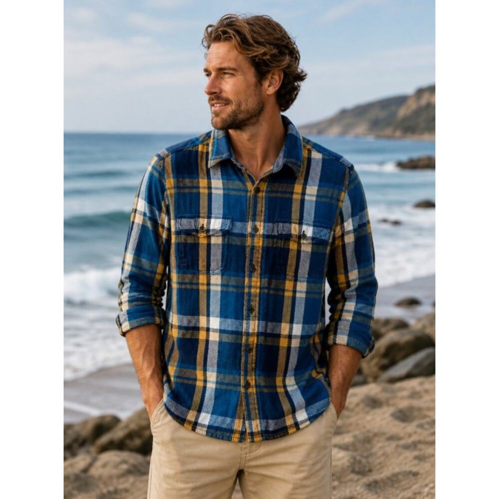 OUTERKNOWN Plaid Blanket Shirt Blue Yellow White Button Up Medium